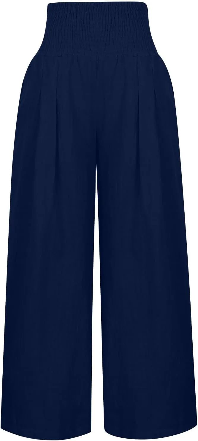 Women Cotton Linen Summer Striped Palazzo Lounge Pants Elastic Waist Stretchy Plus Size Trouser Trendy