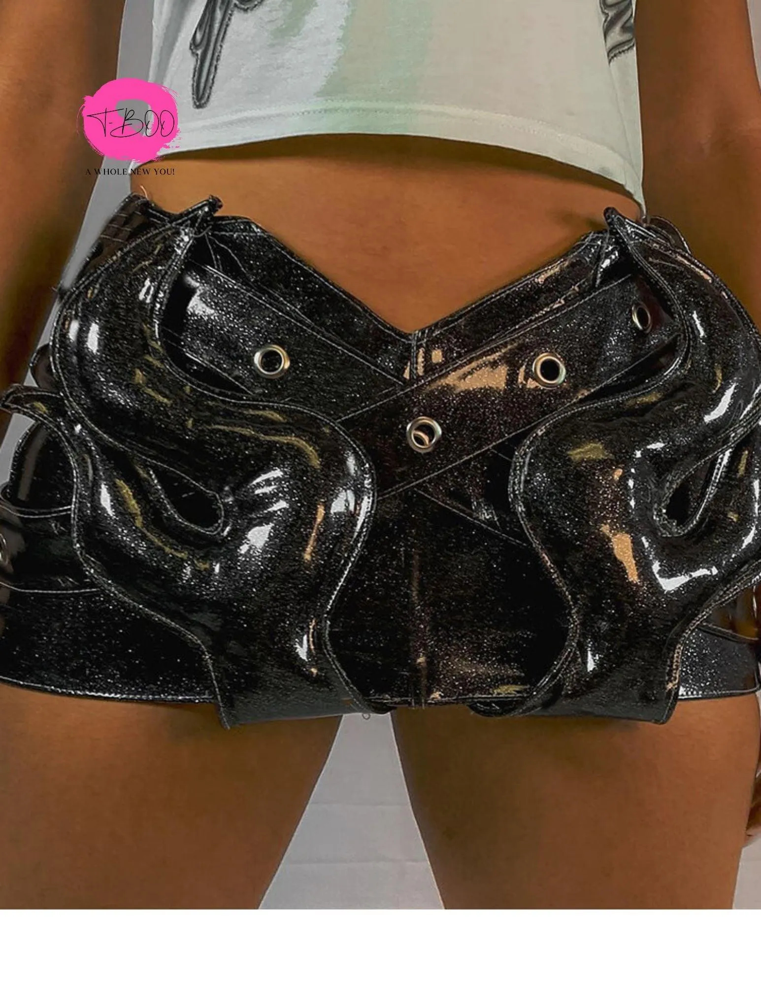 Women Sexy Low Waist Hip Skirts Horns Cross Skirts Summer Trend Faux Leather Design