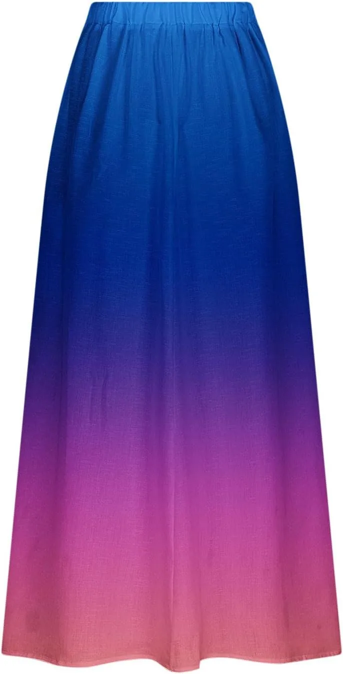 Women's Elastic High Waist Skirts Plus Size Tie-Dye Skirts Color Block Pleated A-Line Long Maxi Skirts with Pocket