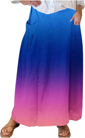 Women's Elastic High Waist Skirts Plus Size Tie-Dye Skirts Color Block Pleated A-Line Long Maxi Skirts with Pocket