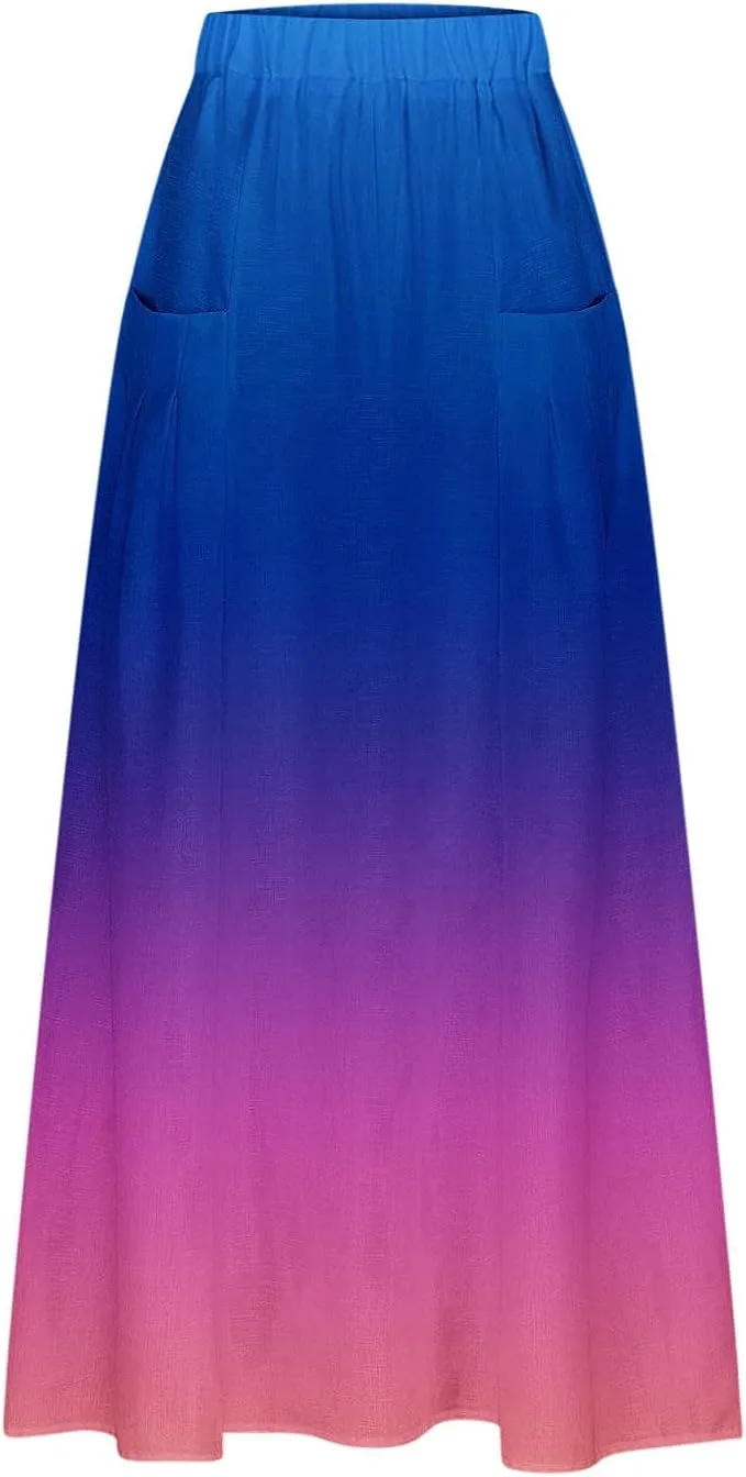 Women's Elastic High Waist Skirts Plus Size Tie-Dye Skirts Color Block Pleated A-Line Long Maxi Skirts with Pocket