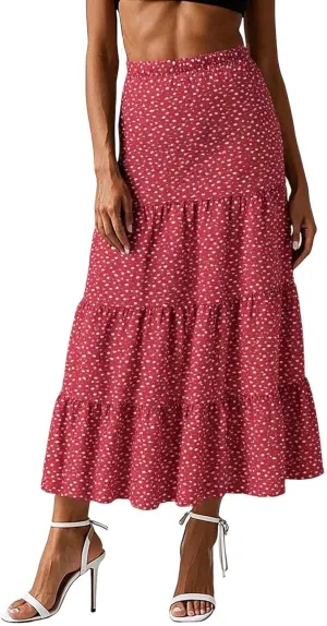 Womens Floral Maxi Skirt Flowy Boho Elastic Waist Pleated A-Line Skirts Summer Beach Swing Long Skirts 2025 Fashion