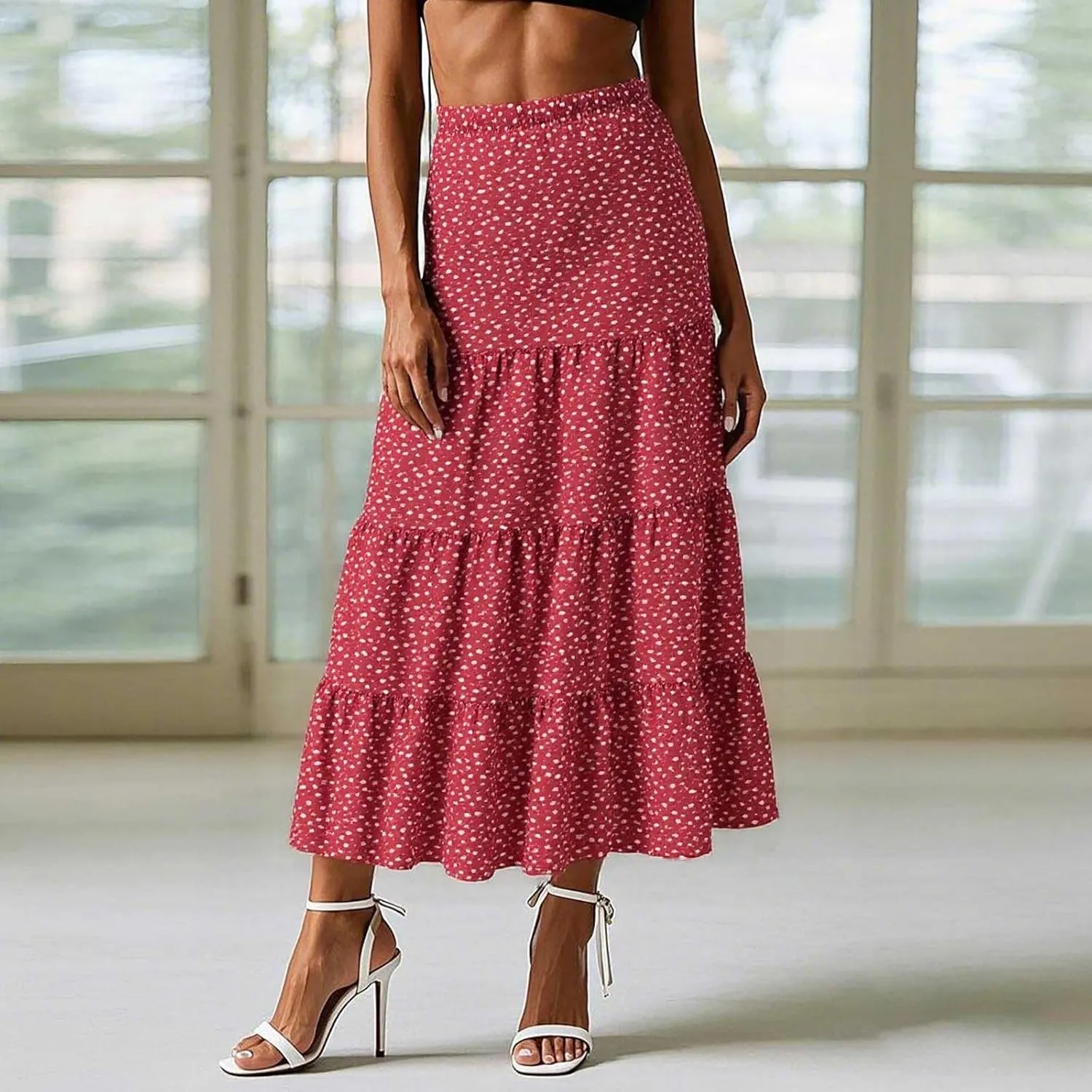 Womens Floral Maxi Skirt Flowy Boho Elastic Waist Pleated A-Line Skirts Summer Beach Swing Long Skirts 2025 Fashion