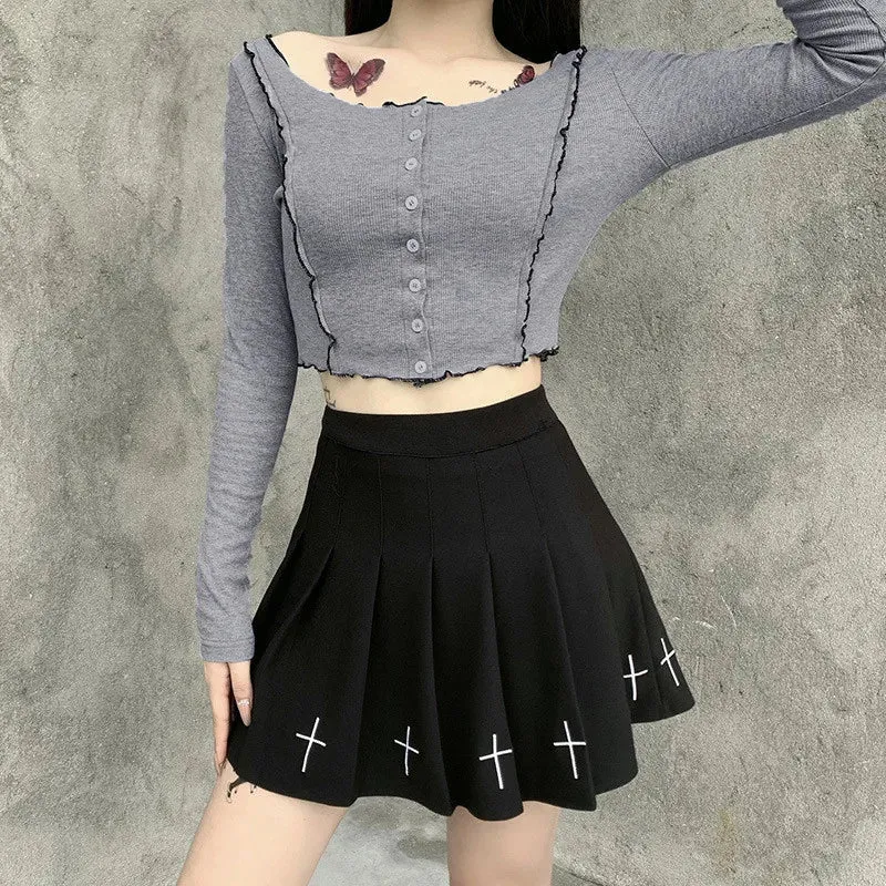 Women's High Waist Gothic Mini Cross Pattern Mini Pleated Dark Style Skirt