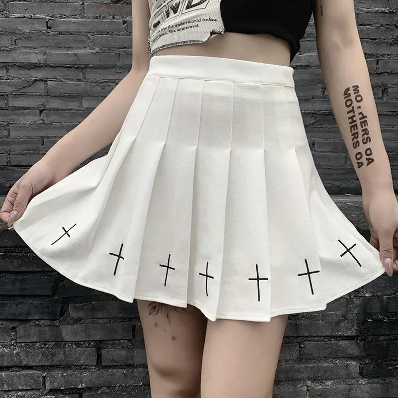 Women's High Waist Gothic Mini Cross Pattern Mini Pleated Dark Style Skirt