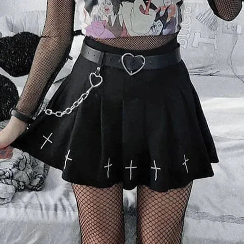Women's High Waist Gothic Mini Cross Pattern Mini Pleated Dark Style Skirt