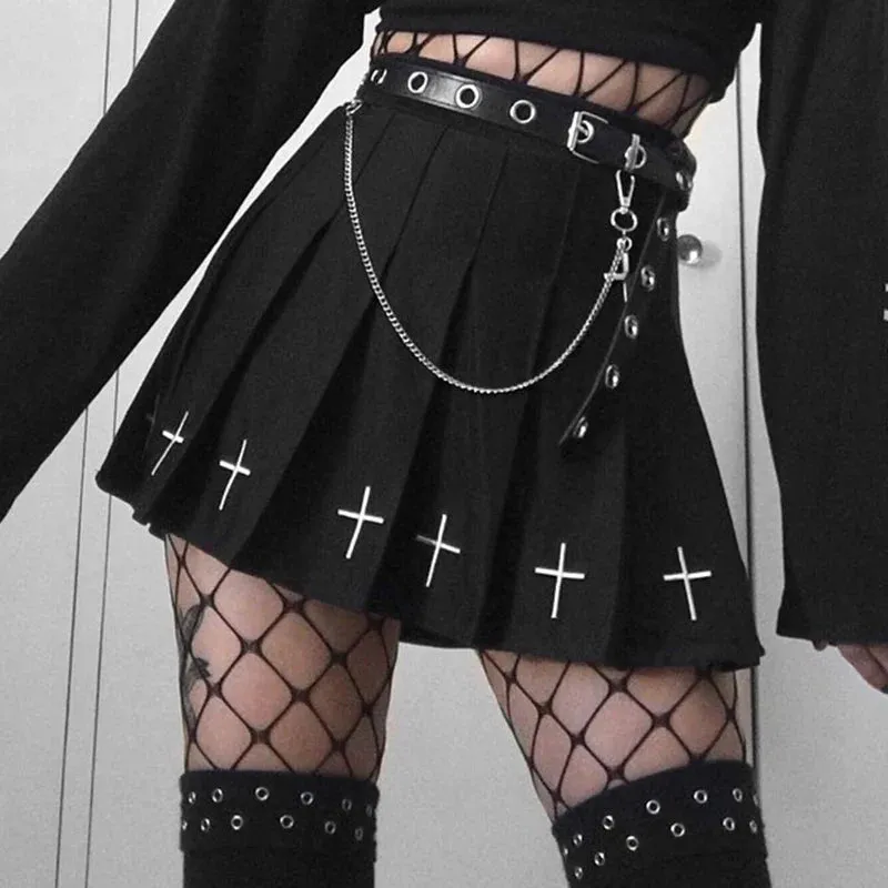 Women's High Waist Gothic Mini Cross Pattern Mini Pleated Dark Style Skirt
