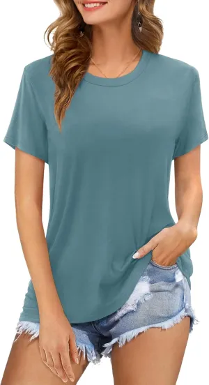 Womens Short Sleeve T Shirts Crewneck Summer Trendy Solid Basic Tee Tops Casual Summer Loose Fit Shirts