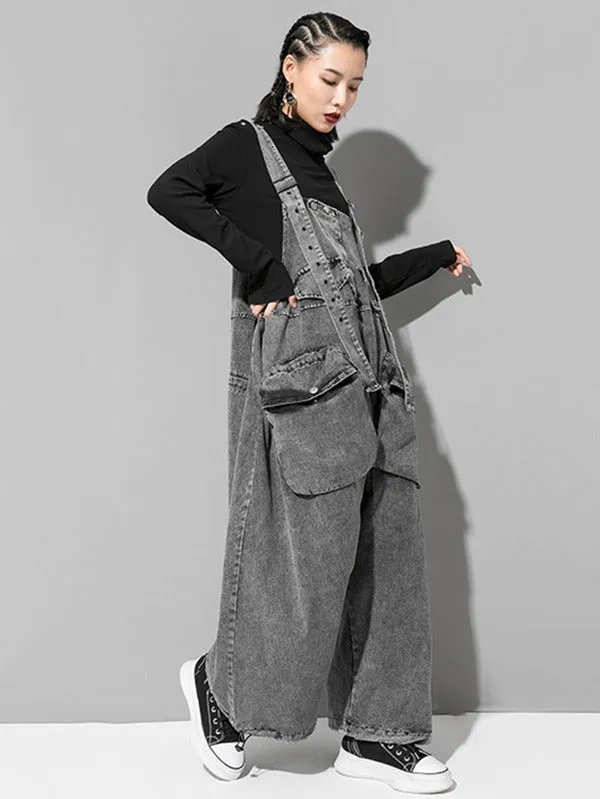 xakxx Loose Sleeveless Pockets Split-Joint Jean Pants Bottoms Overalls