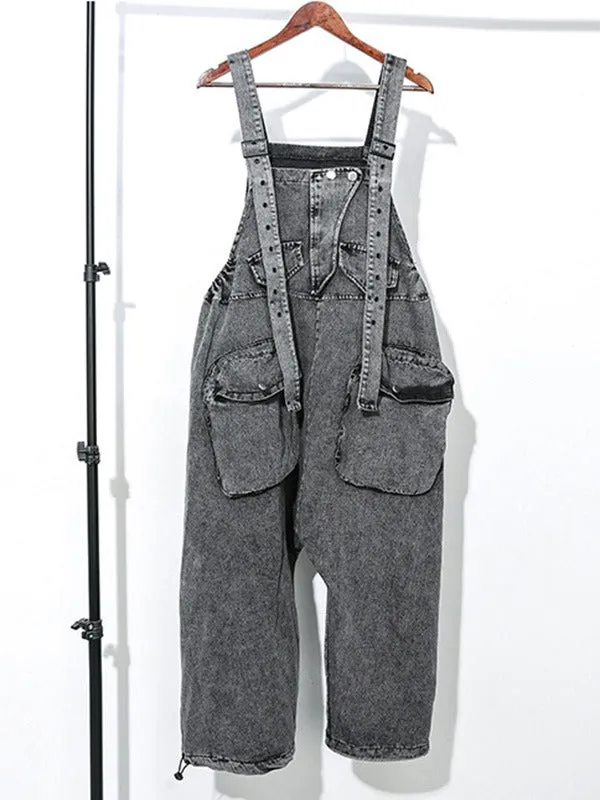 xakxx Loose Sleeveless Pockets Split-Joint Jean Pants Bottoms Overalls