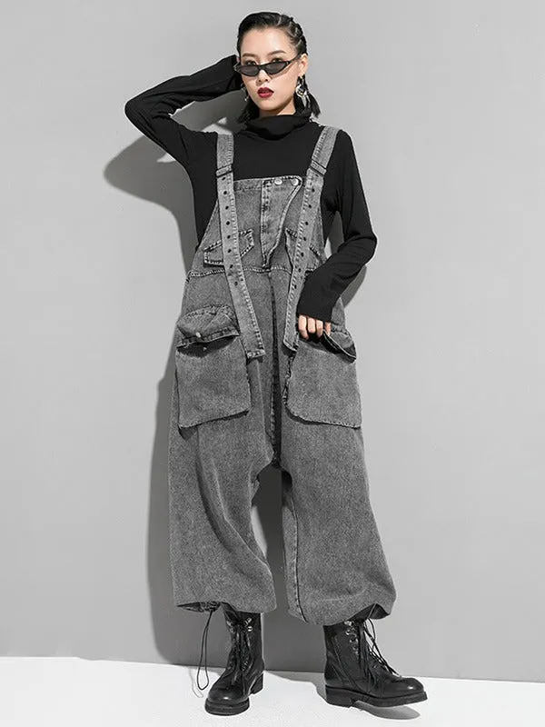 xakxx Loose Sleeveless Pockets Split-Joint Jean Pants Bottoms Overalls