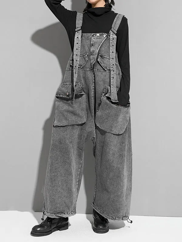 xakxx Loose Sleeveless Pockets Split-Joint Jean Pants Bottoms Overalls