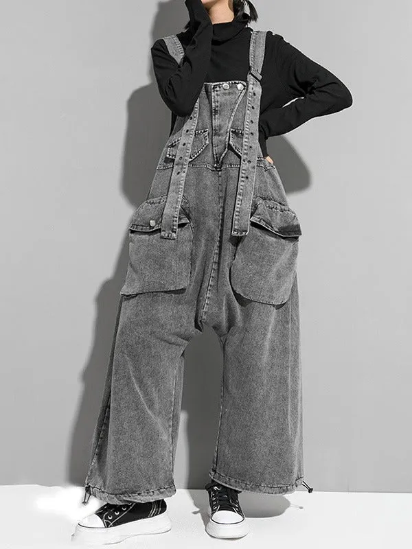 xakxx Loose Sleeveless Pockets Split-Joint Jean Pants Bottoms Overalls