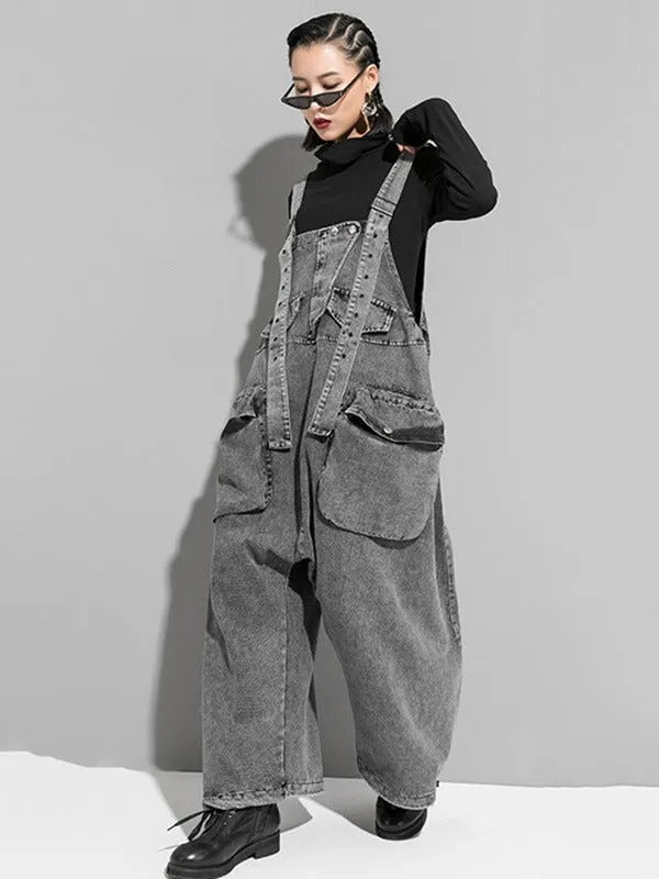 xakxx Loose Sleeveless Pockets Split-Joint Jean Pants Bottoms Overalls