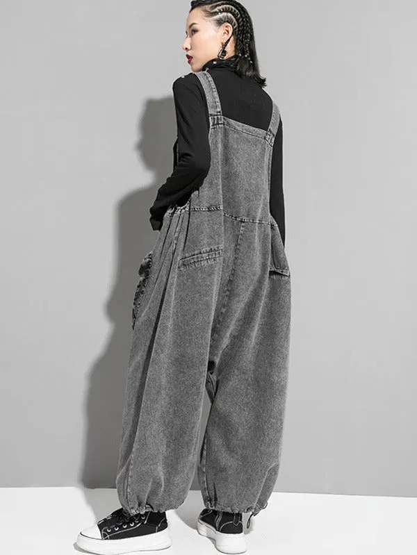 xakxx Loose Sleeveless Pockets Split-Joint Jean Pants Bottoms Overalls