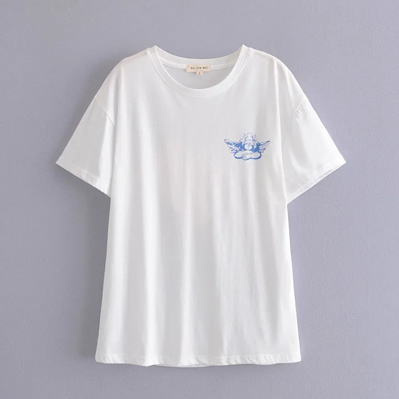 xakxx Spring Summer Girls Loose White Cotton T-Shirt Cartoon Letter Printing Casual O-Neck Simple Tees